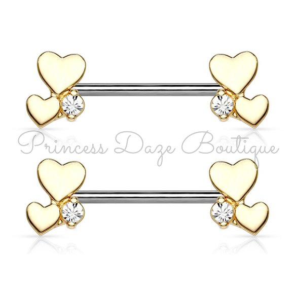 Gold‎ Heart Cluster Barbell Nipple Rings - Picture 1 of 2